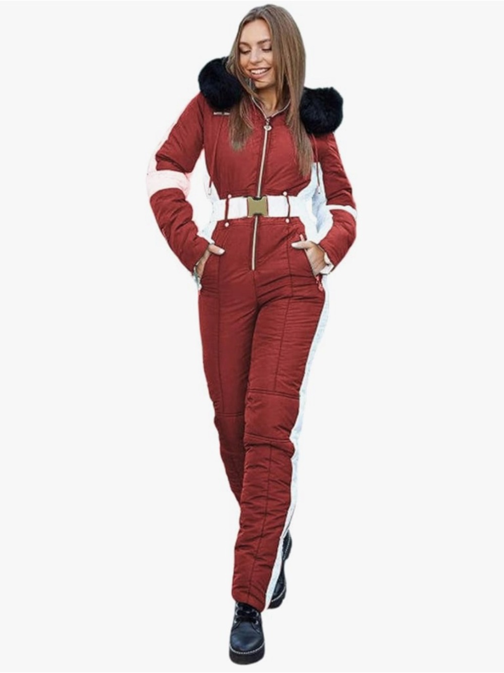 Yousify Women's Red Ski Jumpsuit with White Contrast Panels and Faux-Fur Hood
